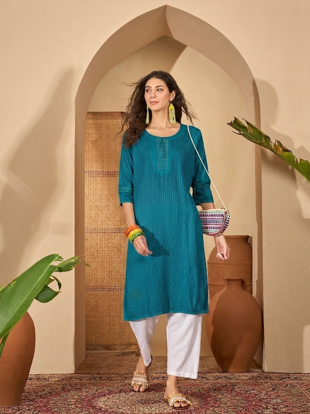 Teal Solid Rayon Straight Kurta
