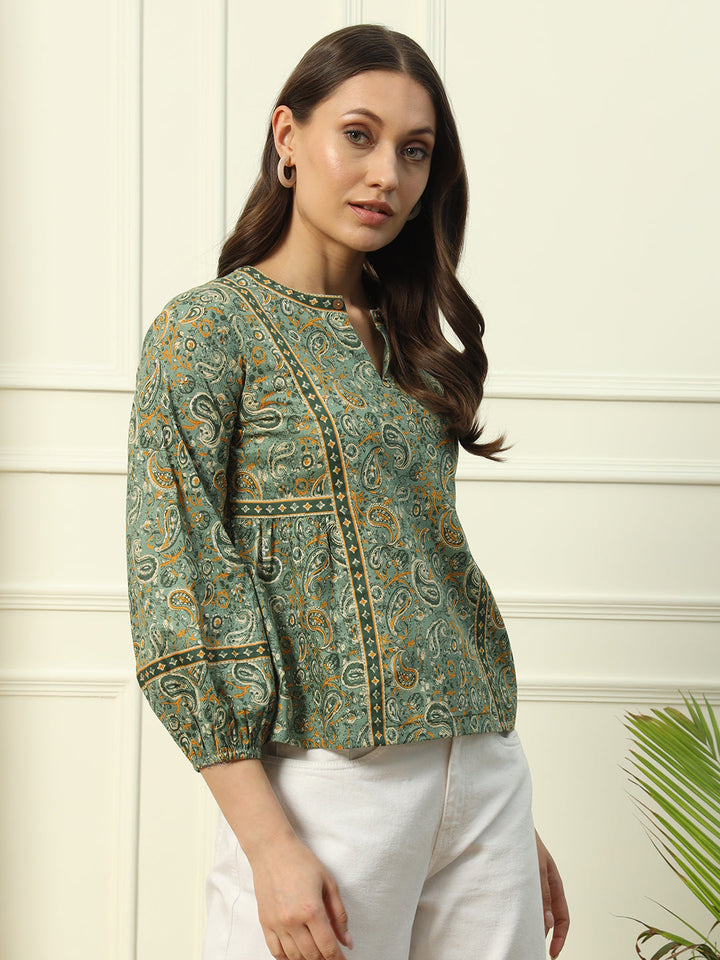 Green-Cotton-Floral-Printed-Top