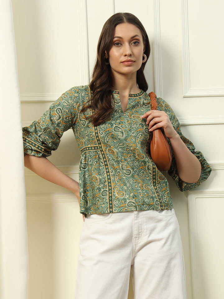 Green-Cotton-Floral-Printed-Top