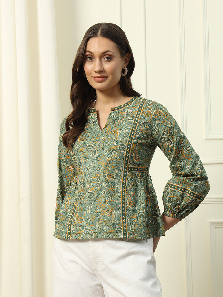 Green-Cotton-Floral-Printed-Top