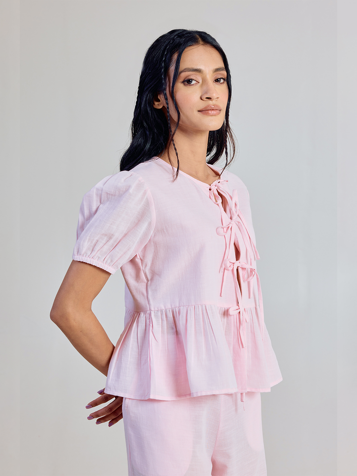 Pink Solid Linen Peplum Top