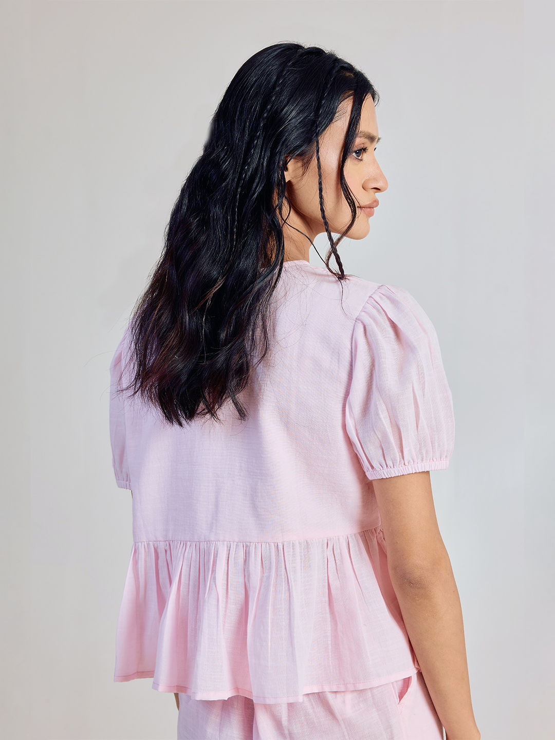 Pink Solid Linen Peplum Top