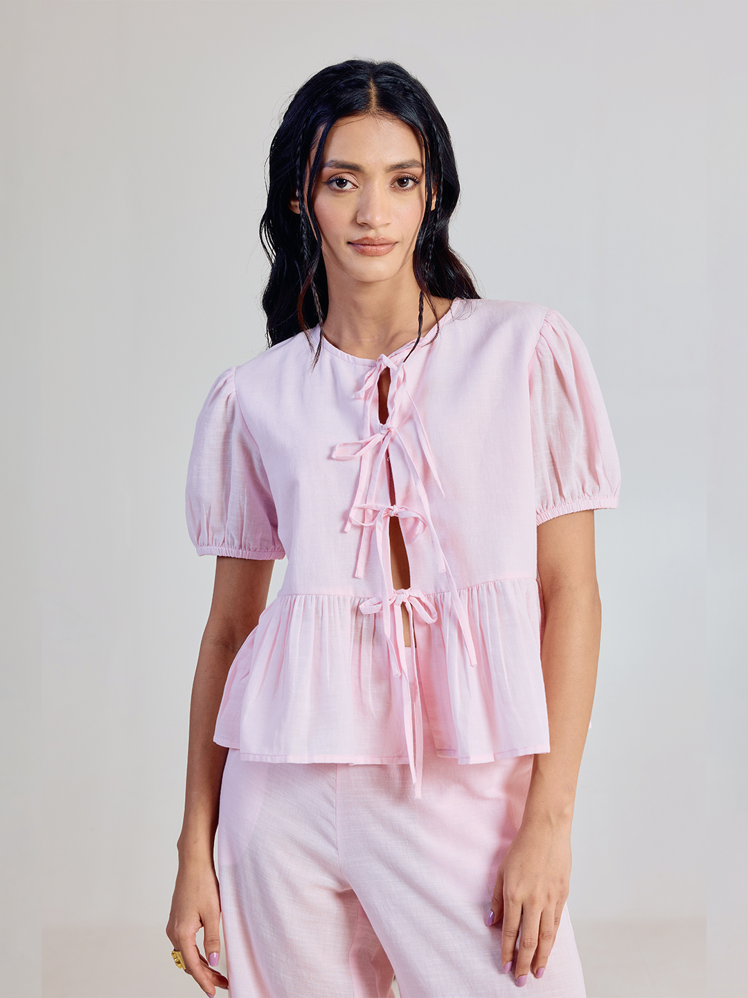 Pink Solid Linen Peplum Top