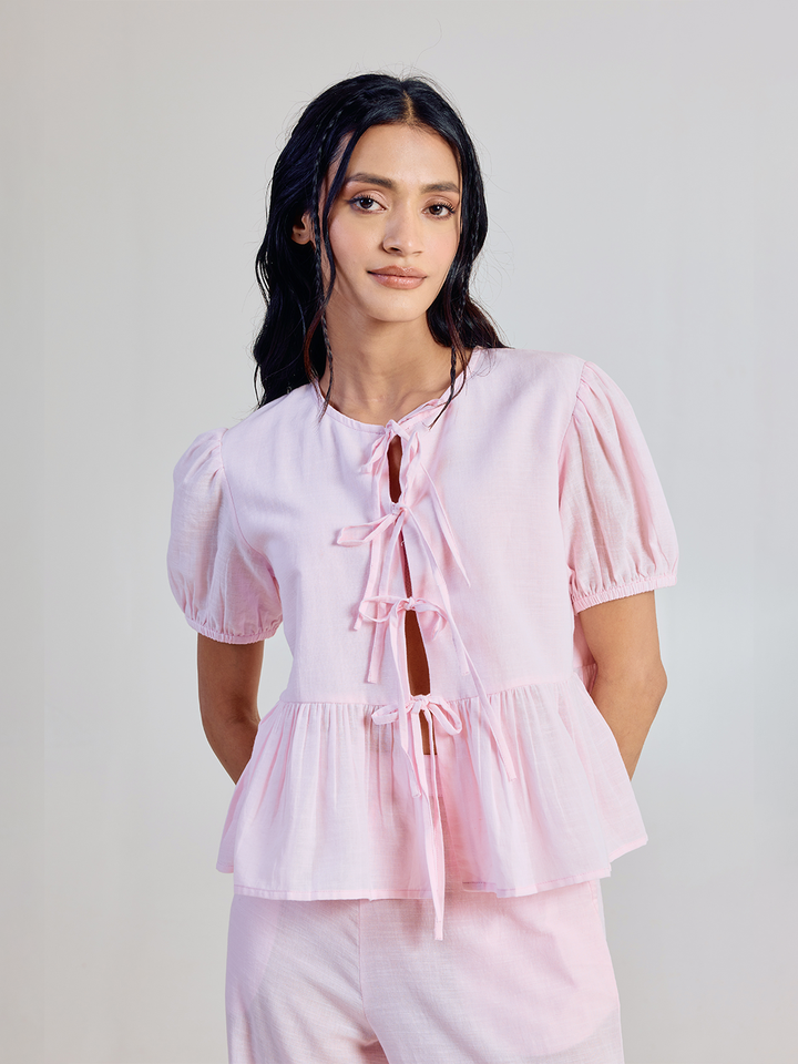 Pink Solid Linen Peplum Top