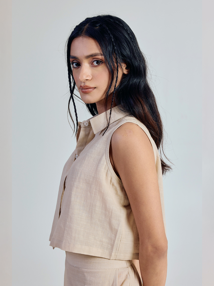 Beige Solid Linen Sleeveless Shirt Top