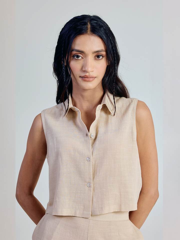 Beige Solid Linen Sleeveless Shirt Top