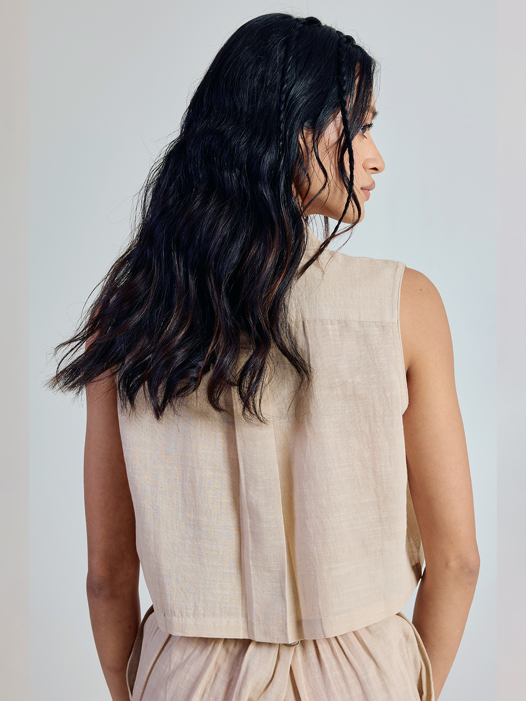 Beige Solid Linen Sleeveless Shirt Top