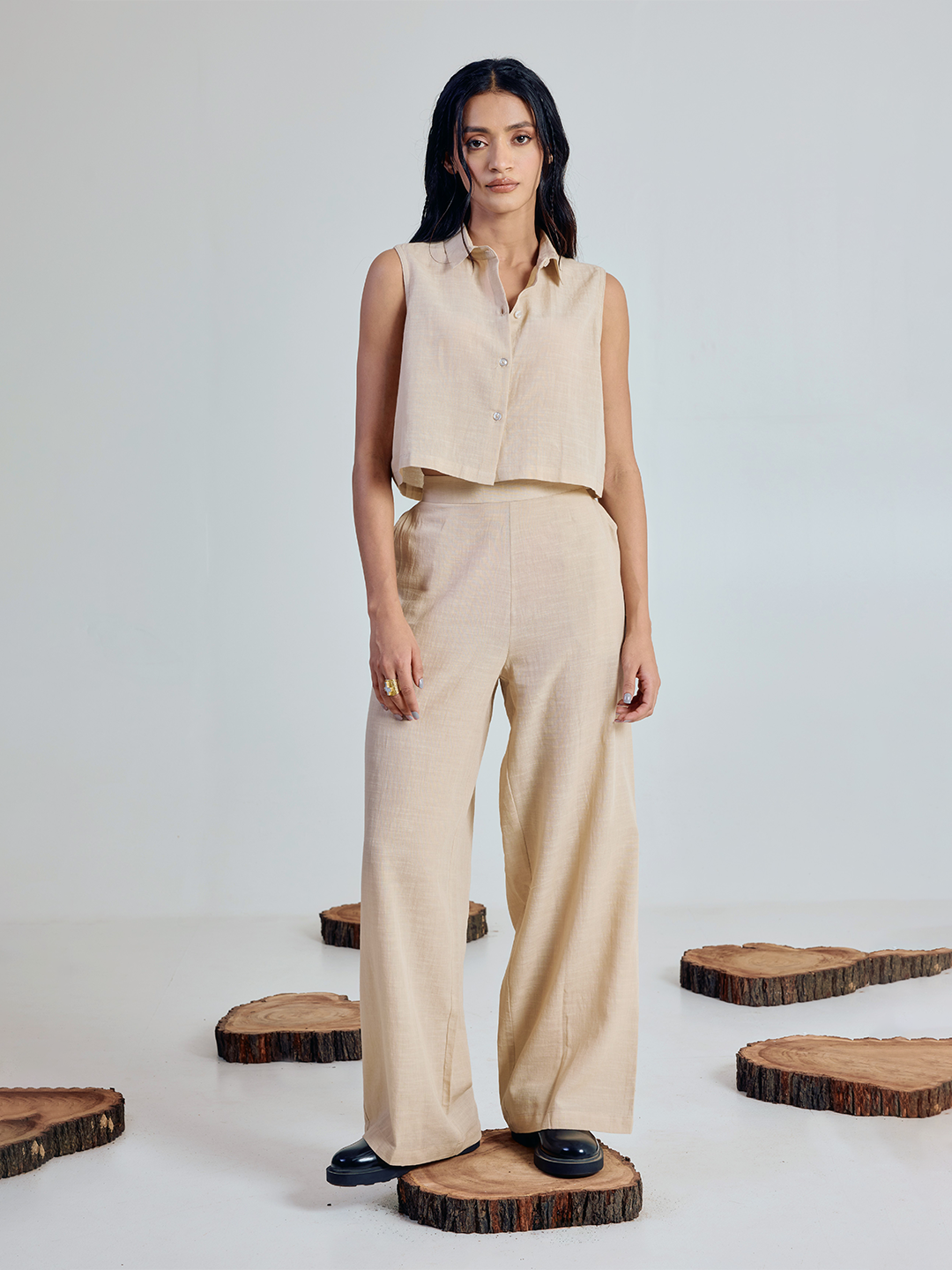 Beige Solid Linen Sleeveless Shirt Top