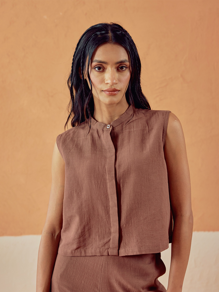 Brown Solid Linen Sleeveless Shirt Top