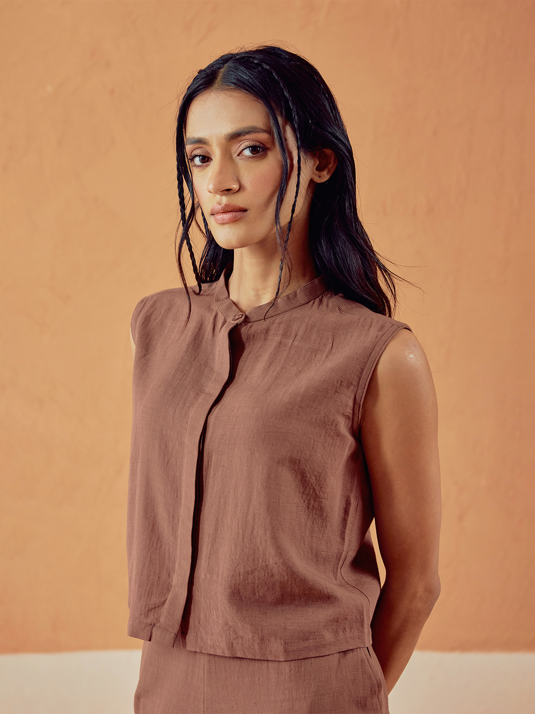 Brown Solid Linen Sleeveless Shirt Top