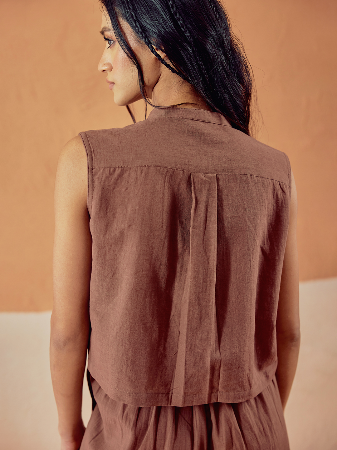 Brown Solid Linen Sleeveless Shirt Top