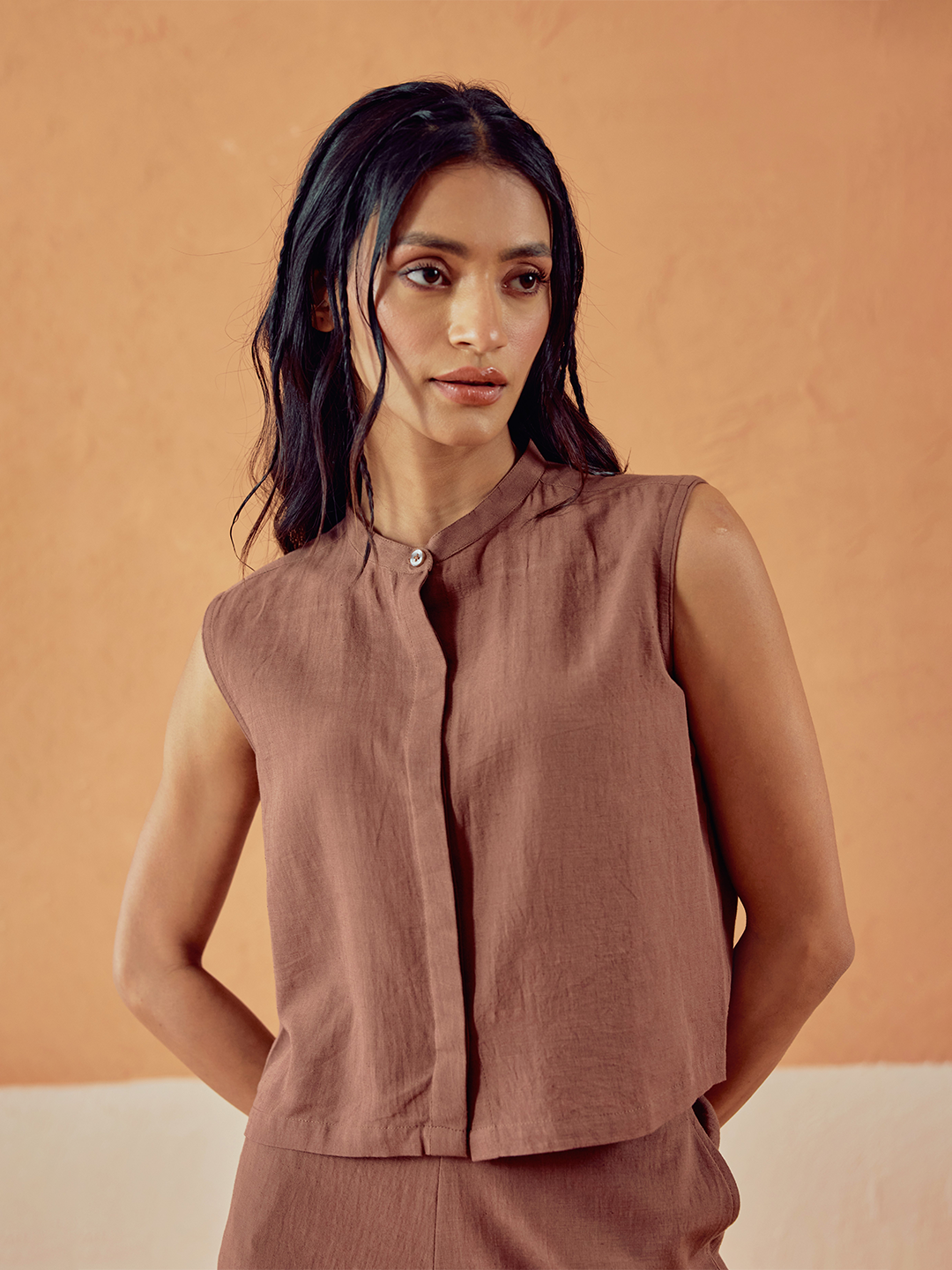 Brown Solid Linen Sleeveless Shirt Top