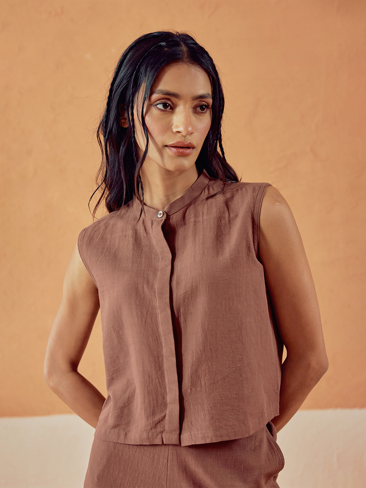 Brown Solid Linen Sleeveless Shirt Top