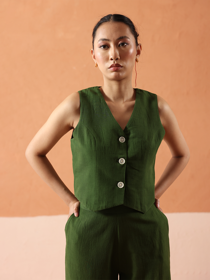 Green Solid Linen Sleeveless Shirt Top