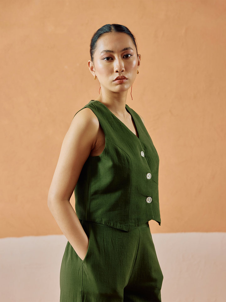 Green Solid Linen Sleeveless Shirt Top