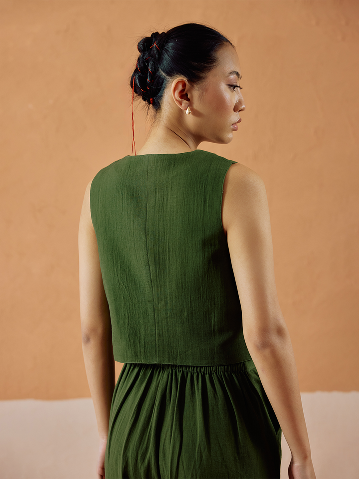 Green Solid Linen Sleeveless Shirt Top