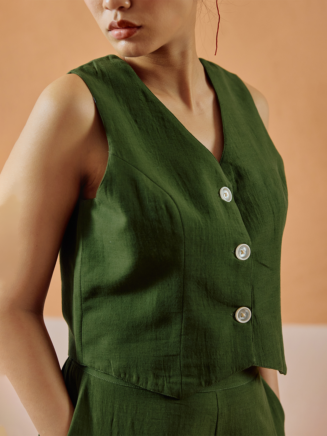Green Solid Linen Sleeveless Shirt Top