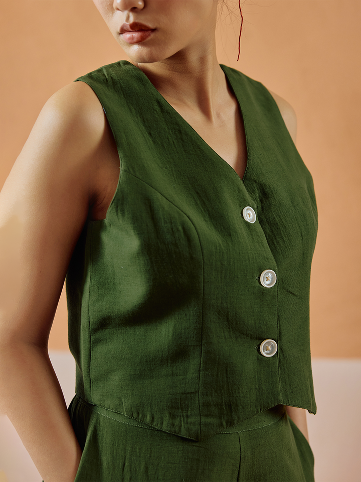 Green Solid Linen Sleeveless Shirt Top