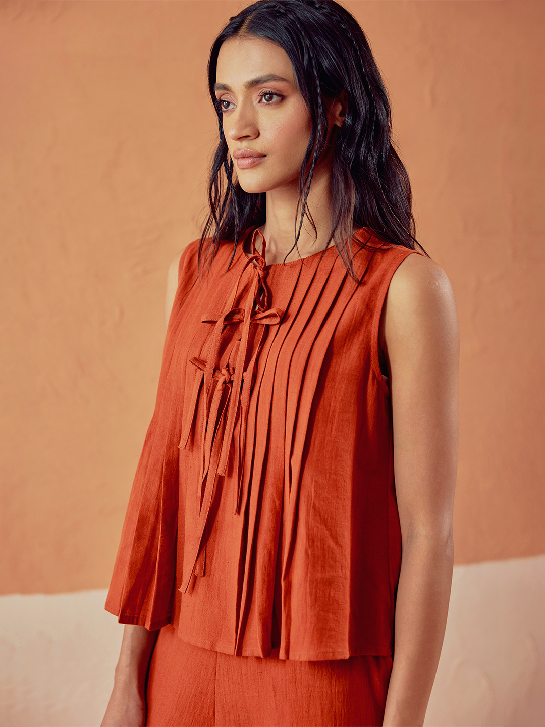 Rust Solid Linen Pleated Sleeveless Top