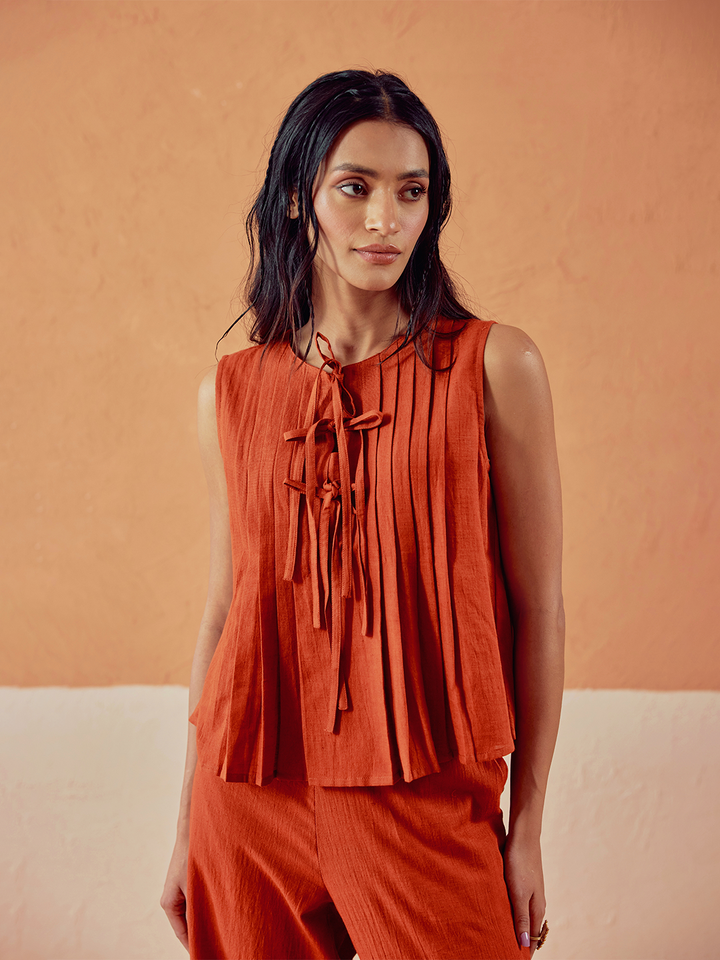 Rust Solid Linen Pleated Sleeveless Top