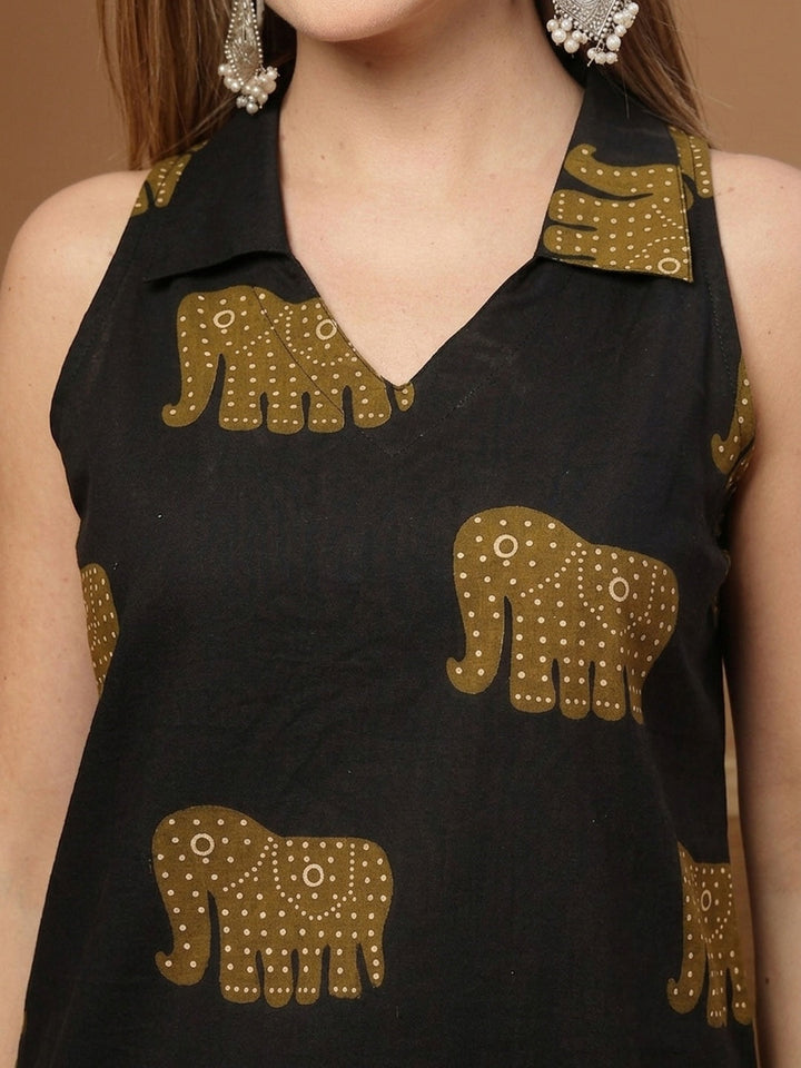 Black Animal Printed Cotton Straight Top