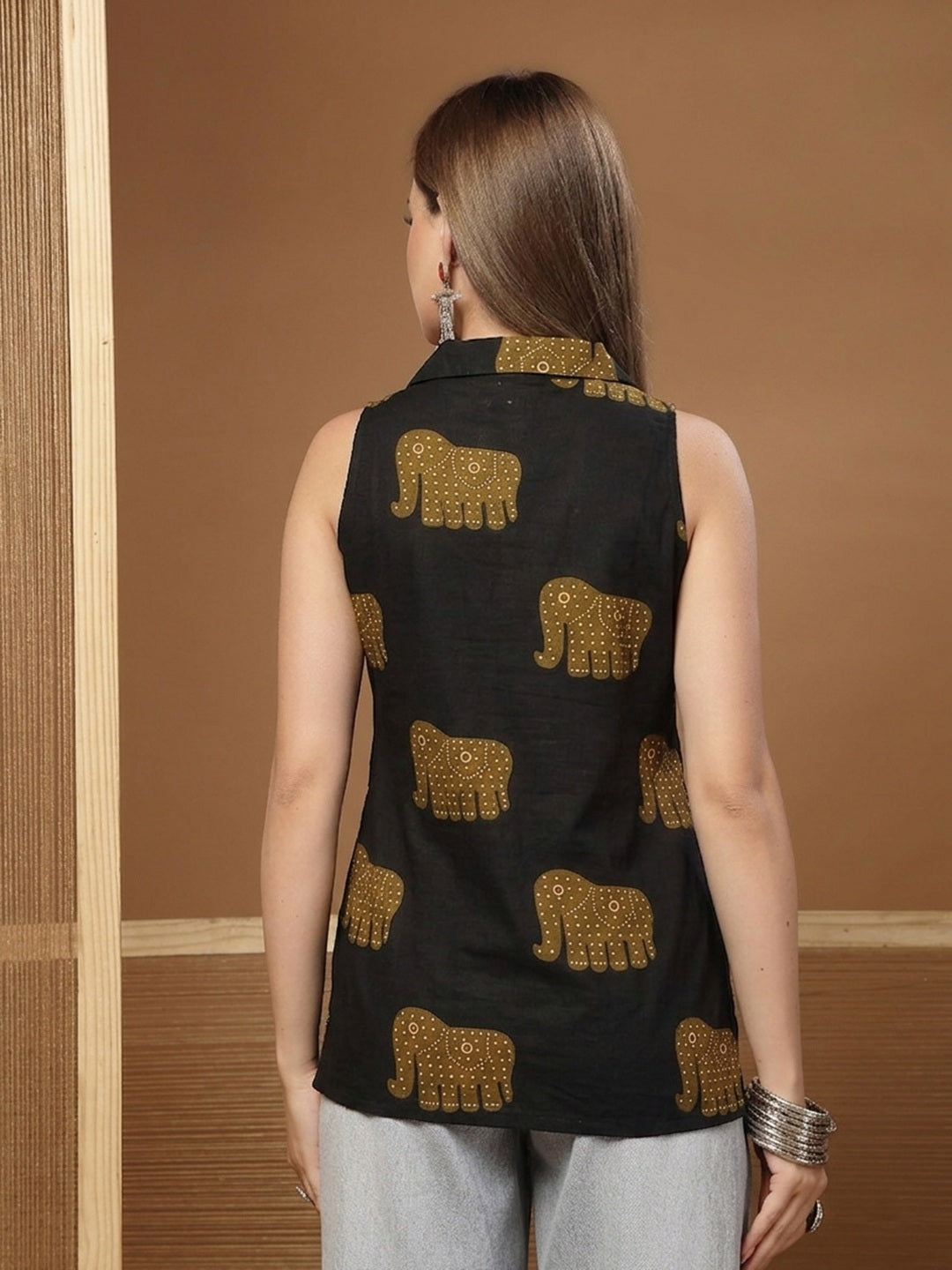 Black Animal Printed Cotton Straight Top