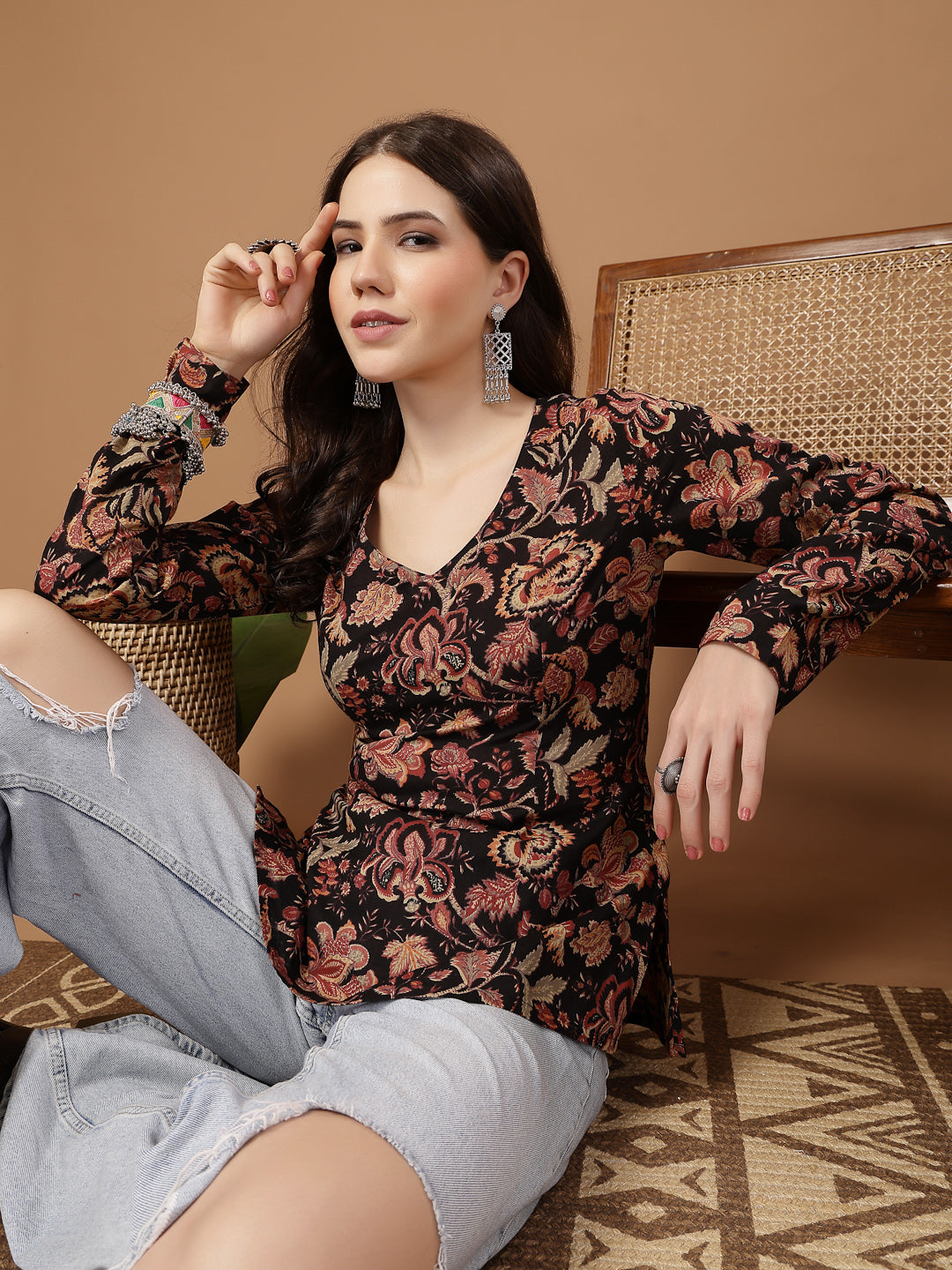 Black Floral Printed Cotton Straight Top