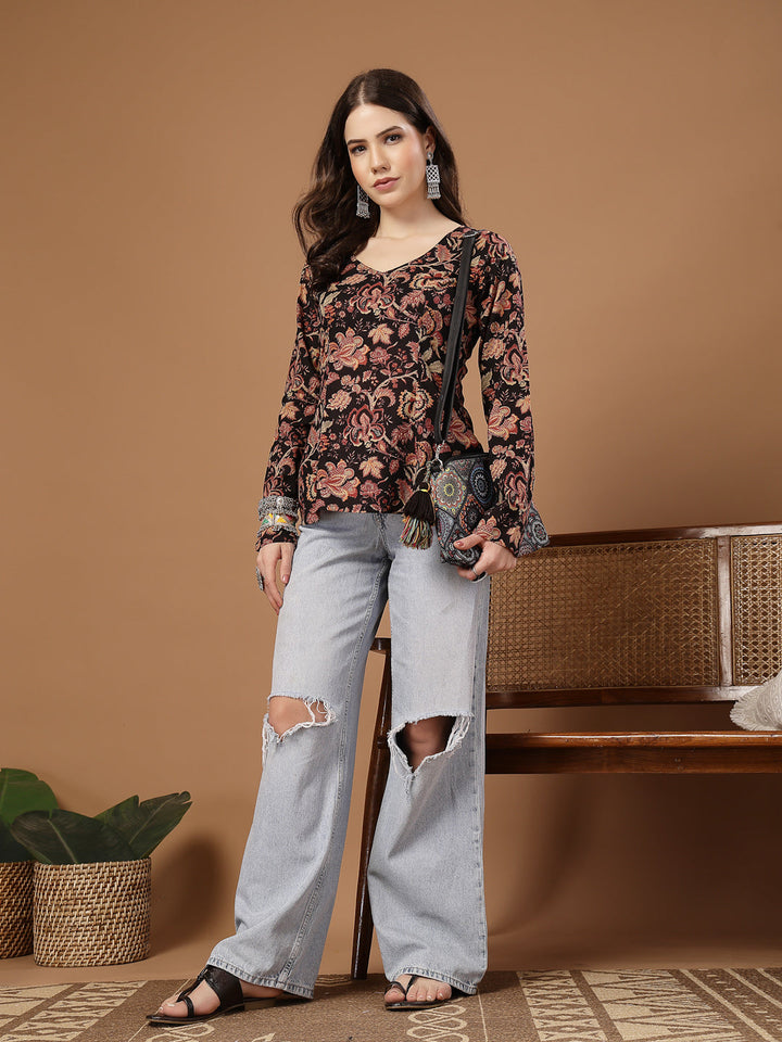 Black Floral Printed Cotton Straight Top