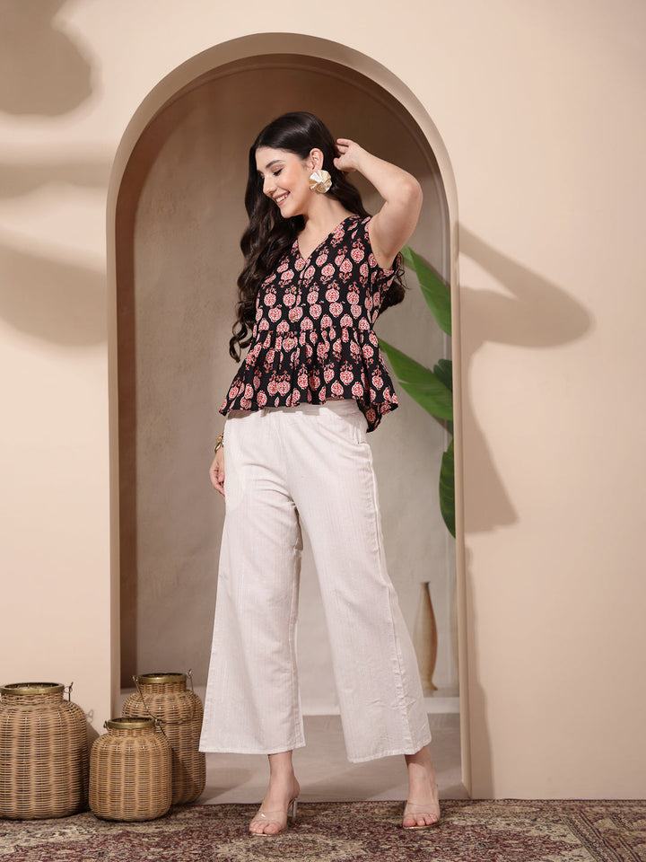 Black Floral Printed Cotton Empire Top
