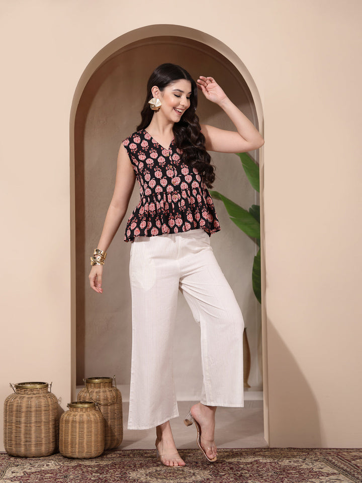 Black Floral Printed Cotton Empire Top