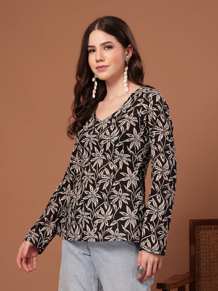 Women's Black Floral Printed Cotton Straight Top