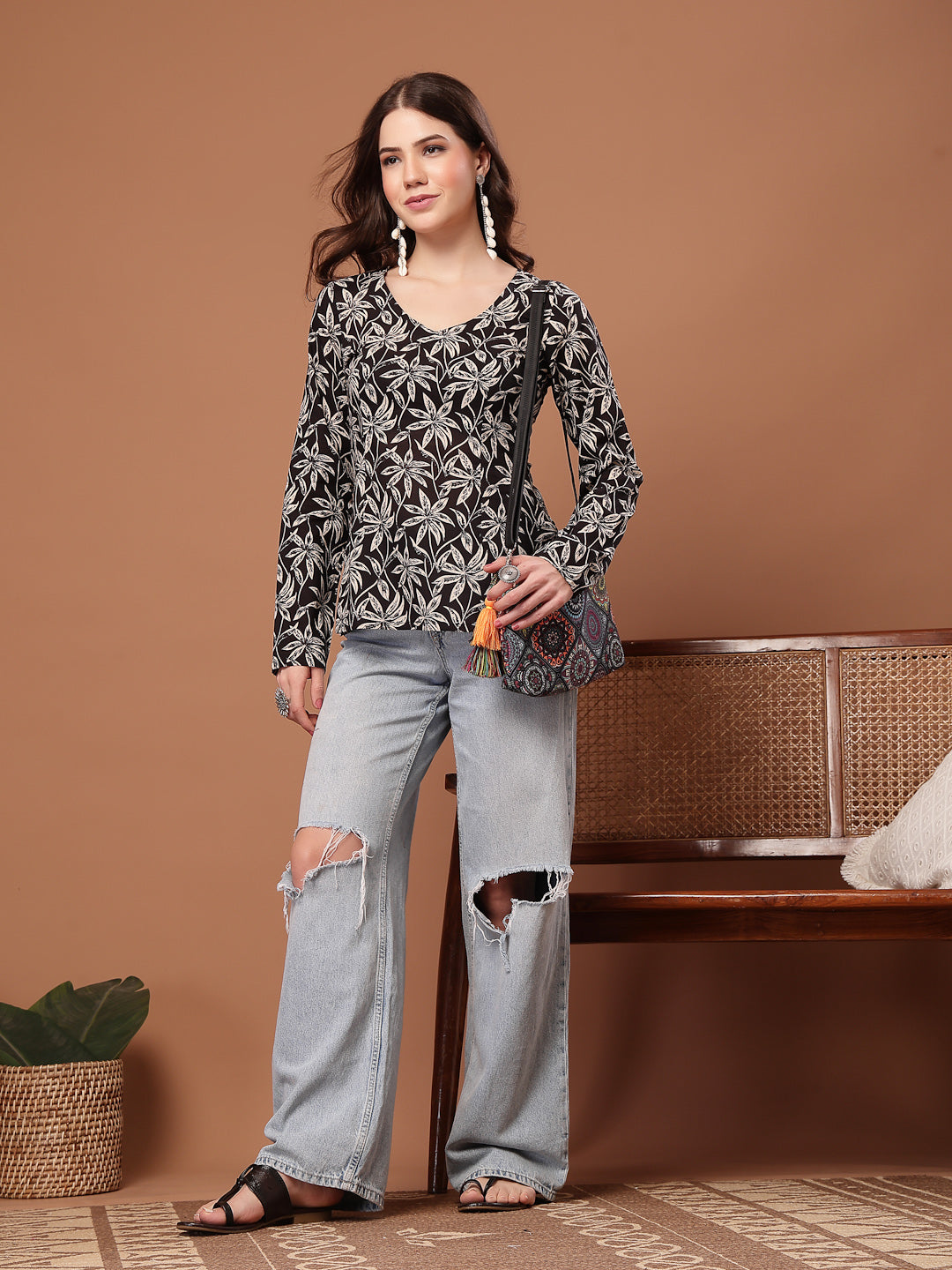 Women's Black Floral Printed Cotton Straight Top