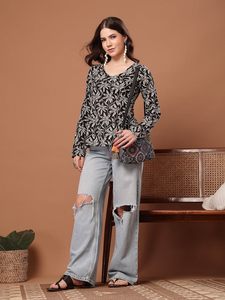 Women's Black Floral Printed Cotton Straight Top