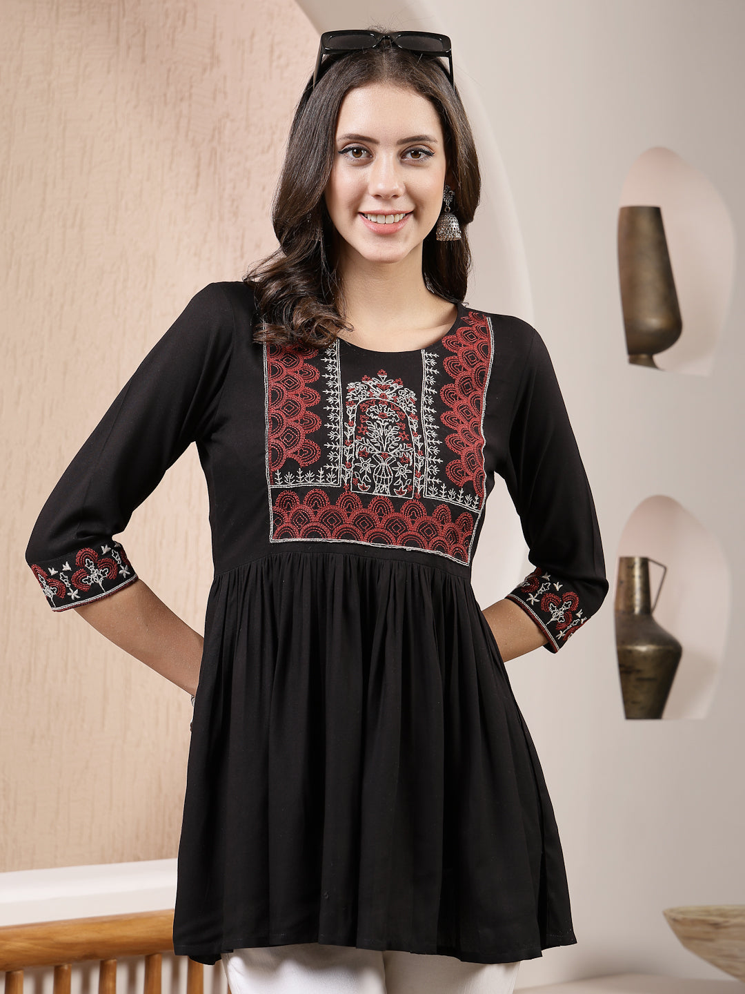 Black-Rayon-Embroidered-Peplum-Tunic-Only