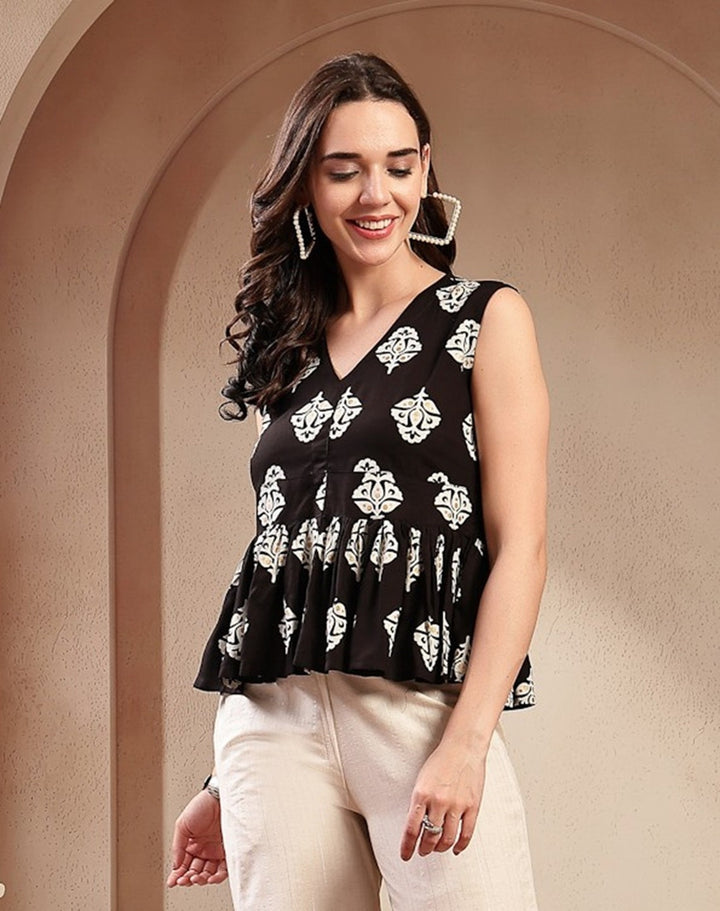 Black Floral Printed Rayon Peplum Tops