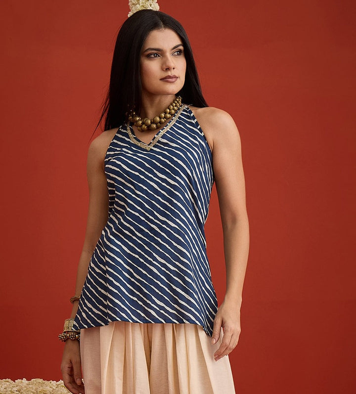 Blue Leheriya Printed Cotton Straight Top