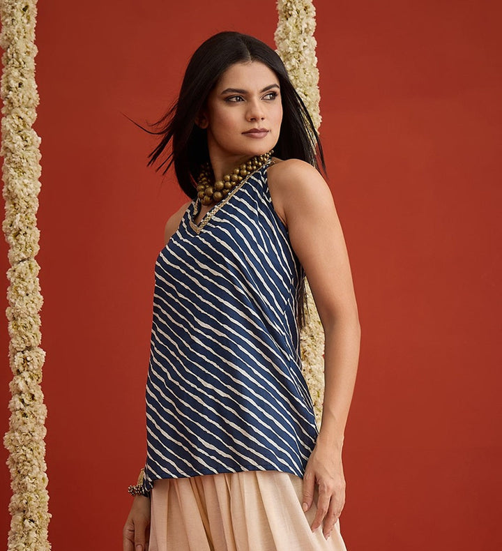 Blue Leheriya Printed Cotton Straight Top