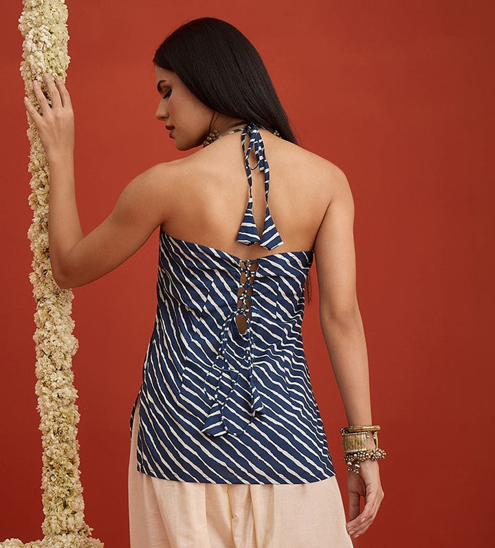 Blue Leheriya Printed Cotton Straight Top