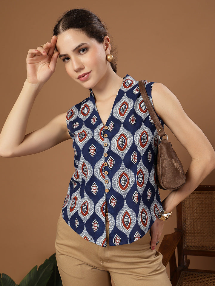 Blue Ethnic Printed Cotton Vest Top