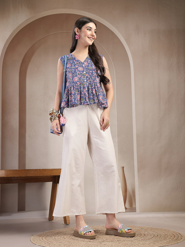 Blue Floral Printed Katha Cotton Peplum Tops