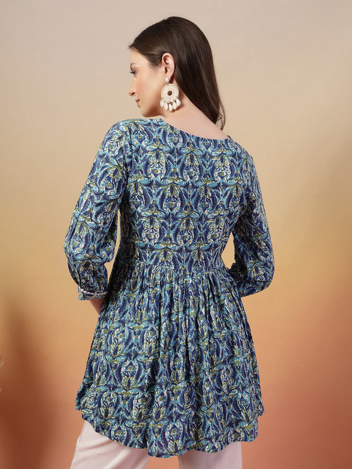 Blue-Rayon-Floral-Printed-Peplum-Top