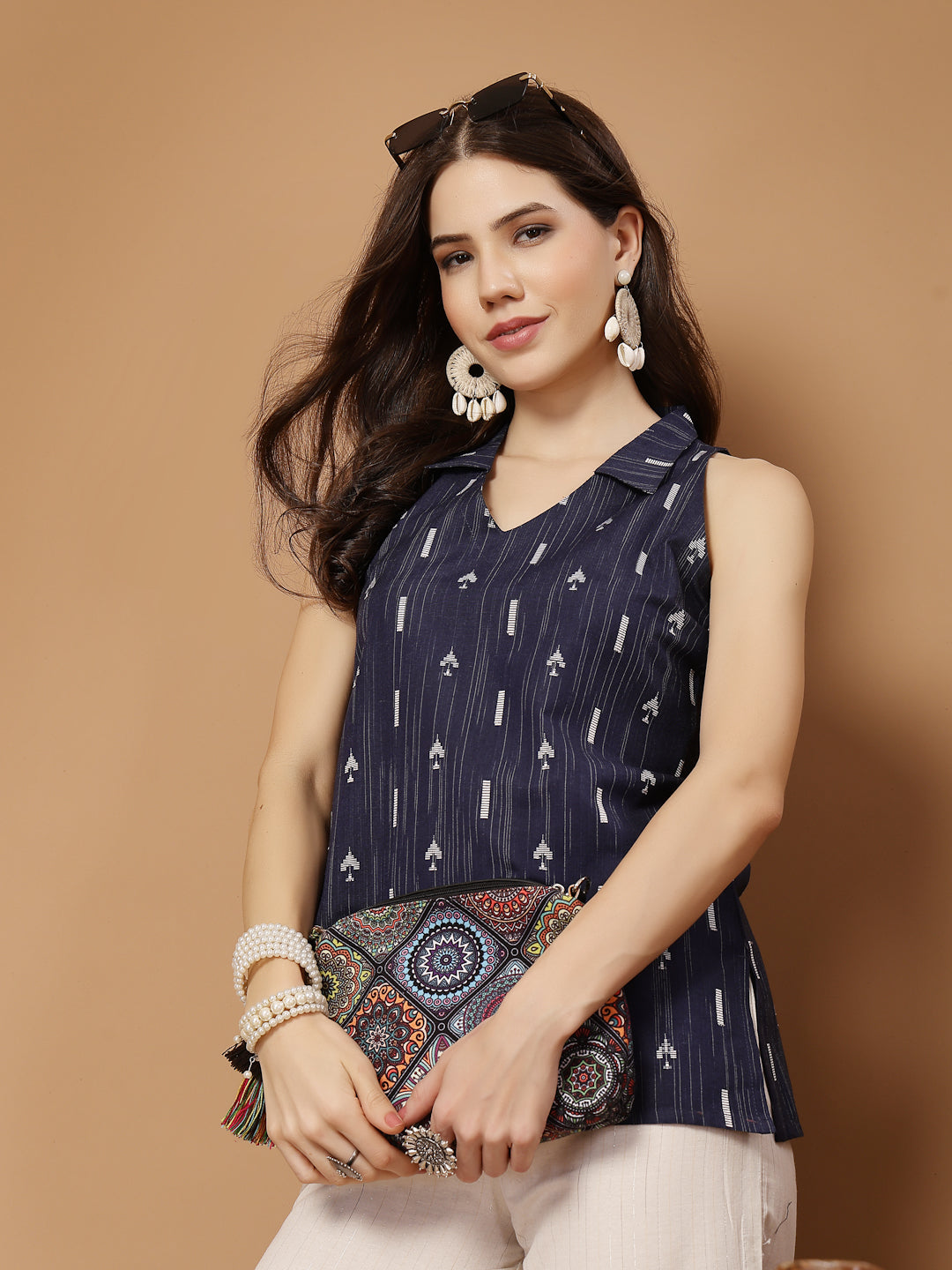 Navy Blue Geometric Printed Cotton Straight Top