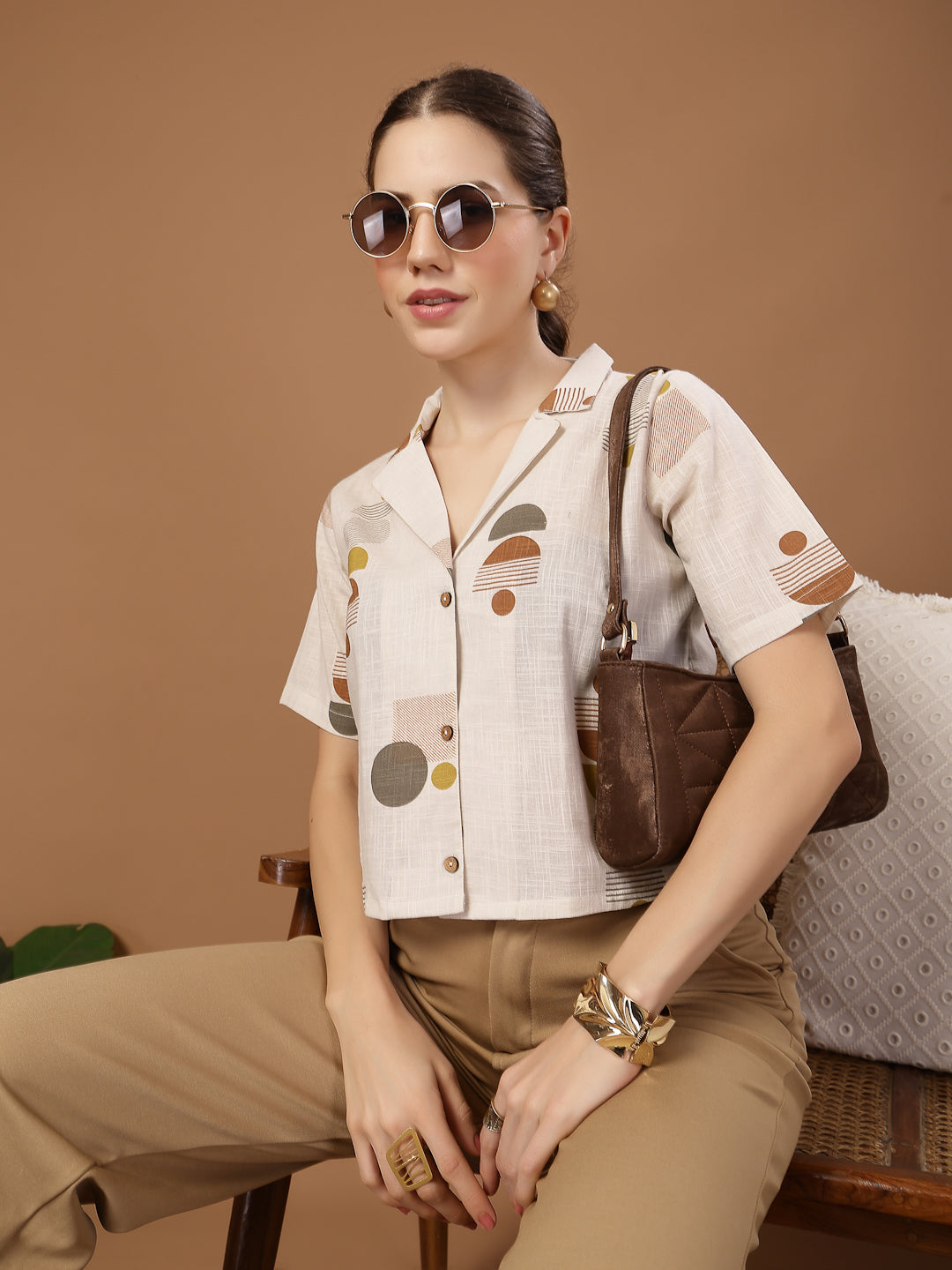 Cream Geometric Printed Cotton Crop Top