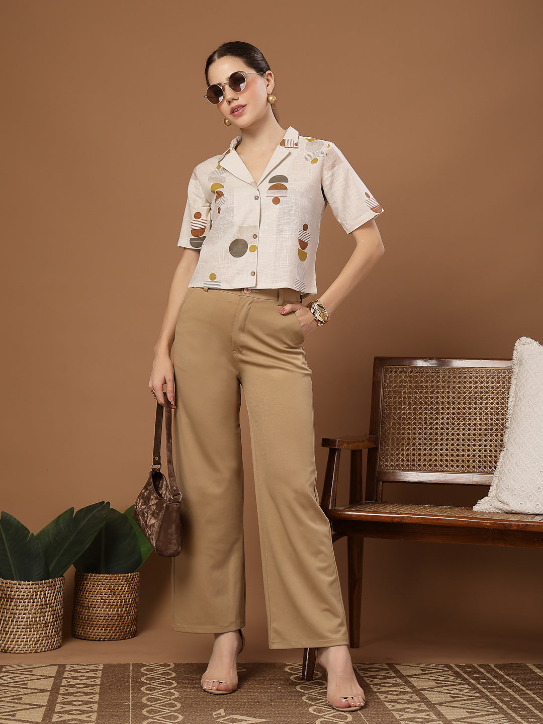 Cream Geometric Printed Cotton Crop Top