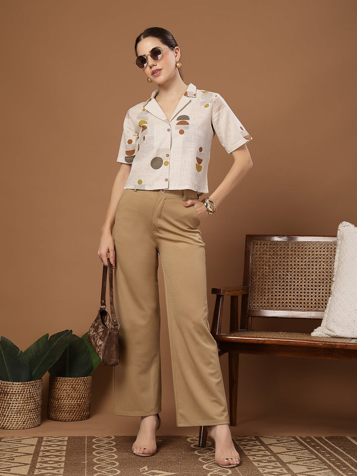 Cream Geometric Printed Cotton Crop Top