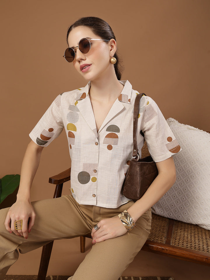 Cream Geometric Printed Cotton Crop Top