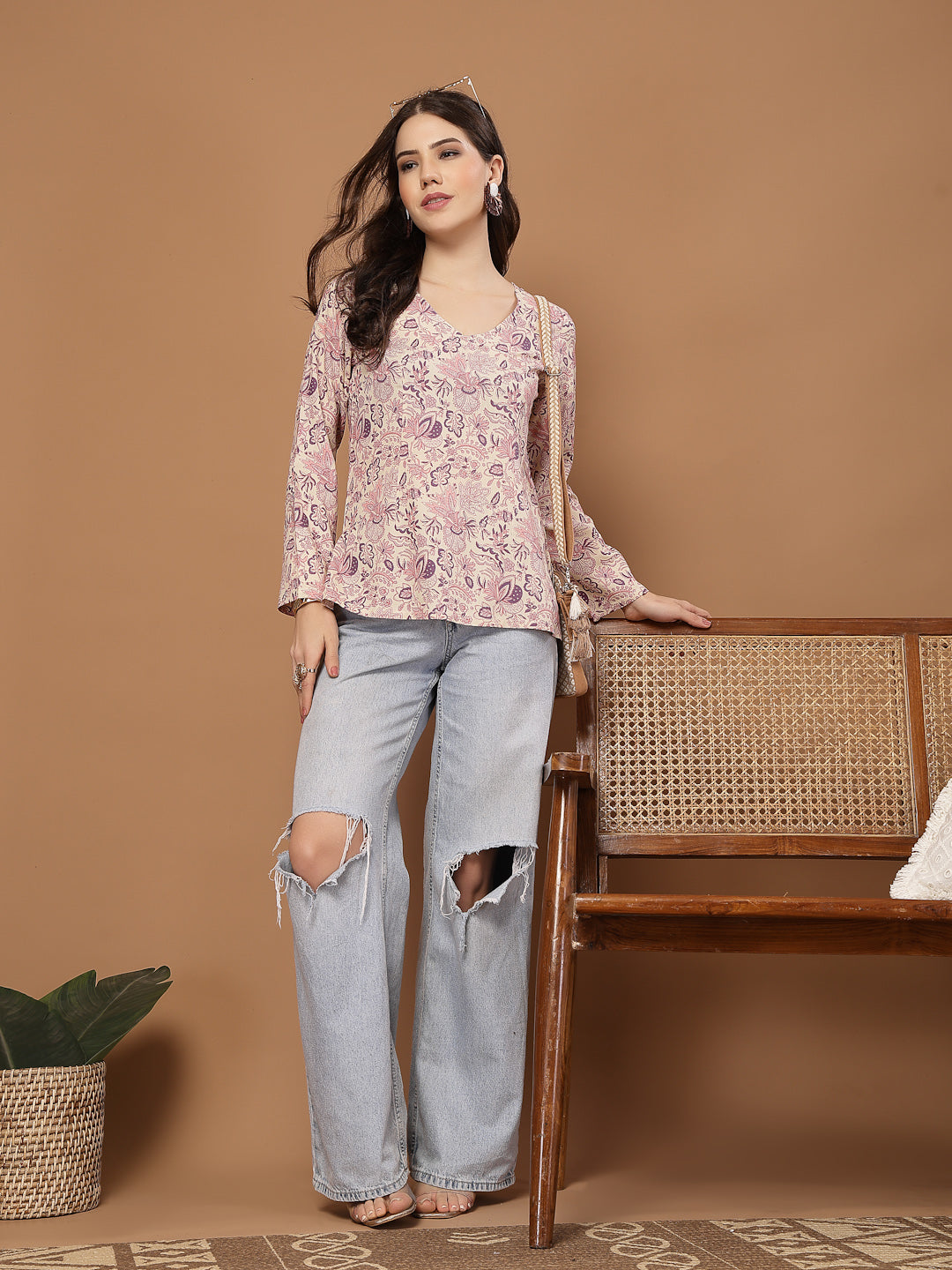 Cream Floral Printed Cotton Straight Top
