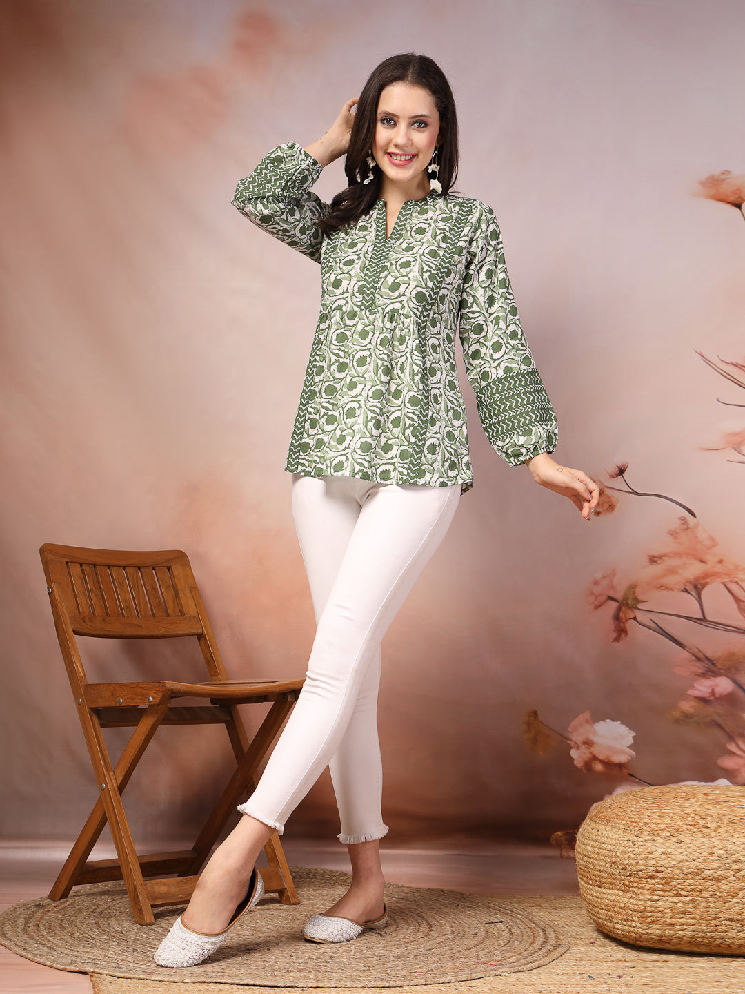 Green-Cotton-Floral-Printed-Tunic-Only
