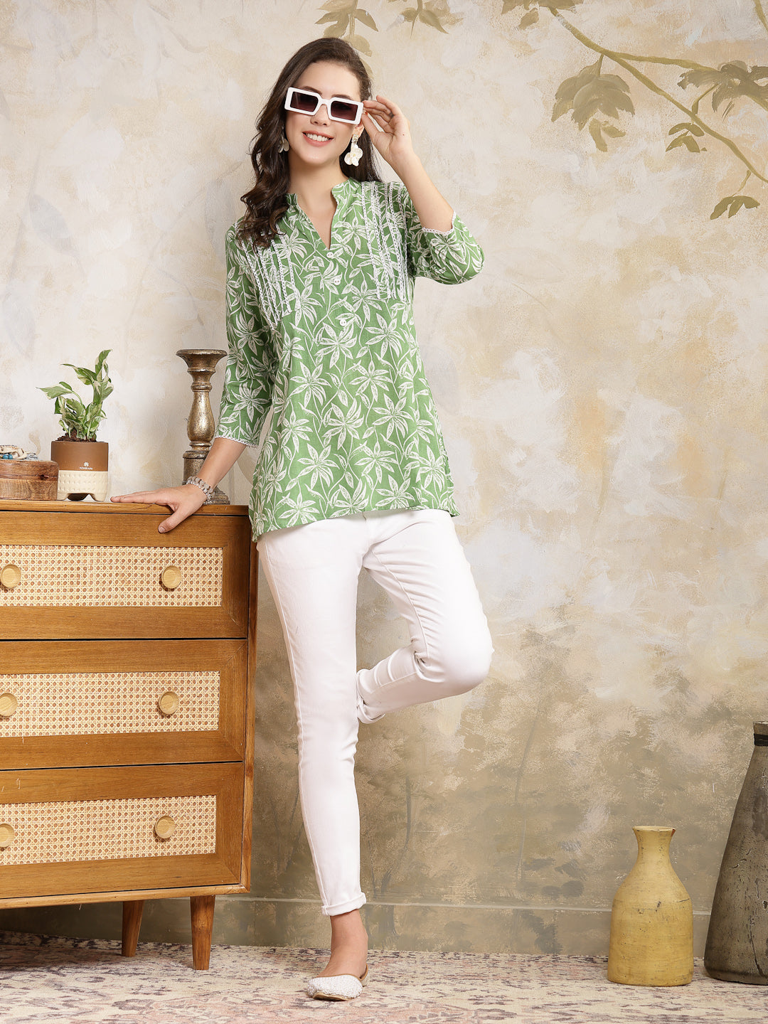 Green-Cotton-Tropical-Printed-Empire-Top