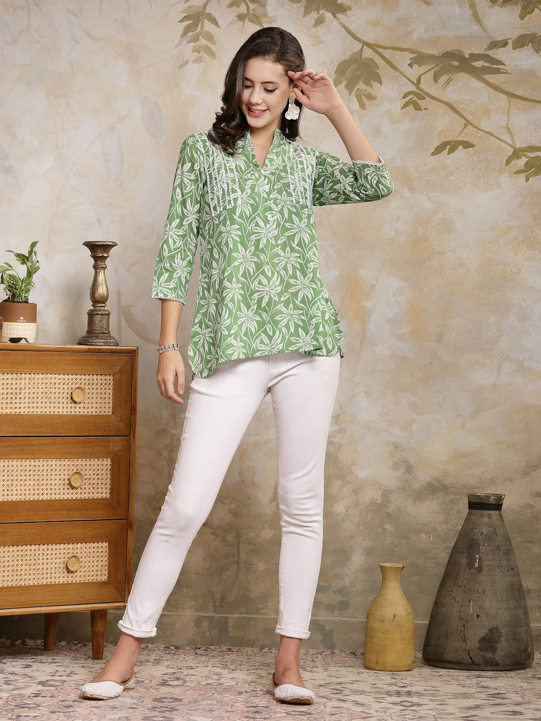 Green-Cotton-Tropical-Printed-Empire-Top